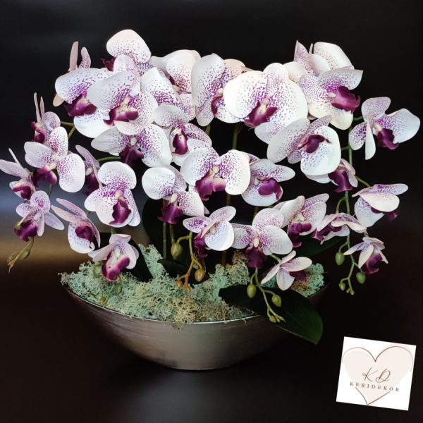 Fehér lila Csónak kaspós real touch orchidea ( 5 ágú )