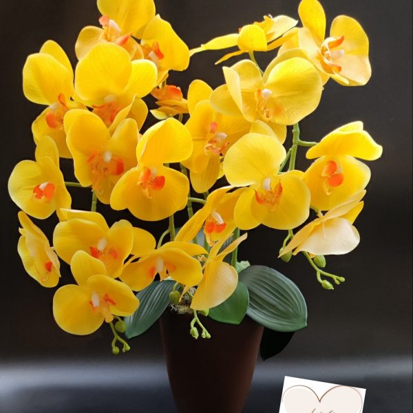 Citromsárga real touch orchidea ( 3 ágú ) barna kaspóban