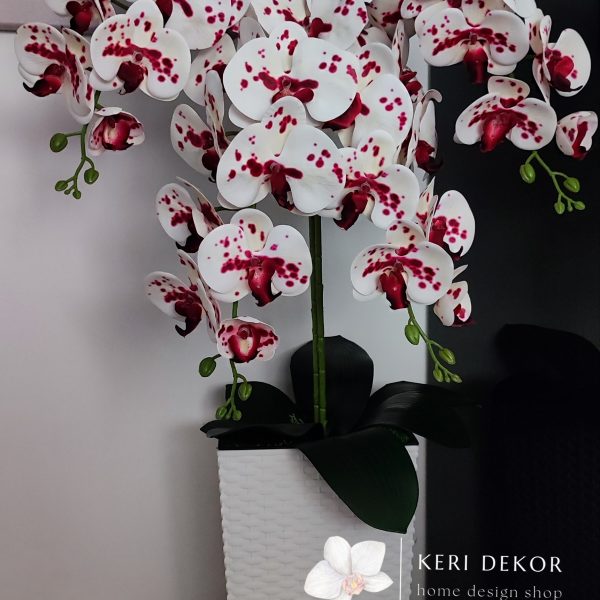 Fehér-pirospöttyös  padlóvázás real touch orchidea ( 4 ágú kb 80-90cm )