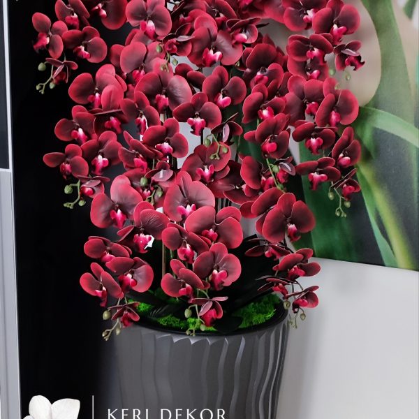 Óriás bordó padlóvázás real touch orchidea ( 14 ágú kb 150-160cm) (szürke kaspóval)