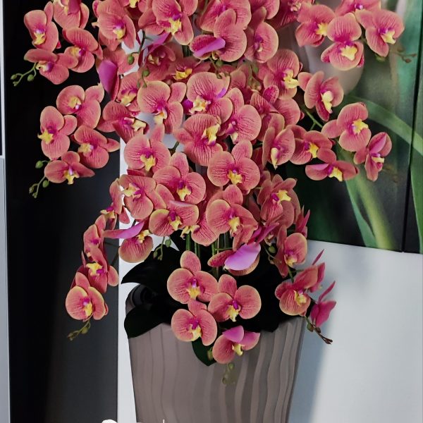 Óriás rózsaszín-sárga padlóvázás real touch orchidea ( 14 ágú kb 150-160cm) (barna kaspóval)