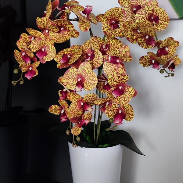 Narancs pöttyös padlóvázás real touch orchidea ( 4 ágú kb 80-90cm )