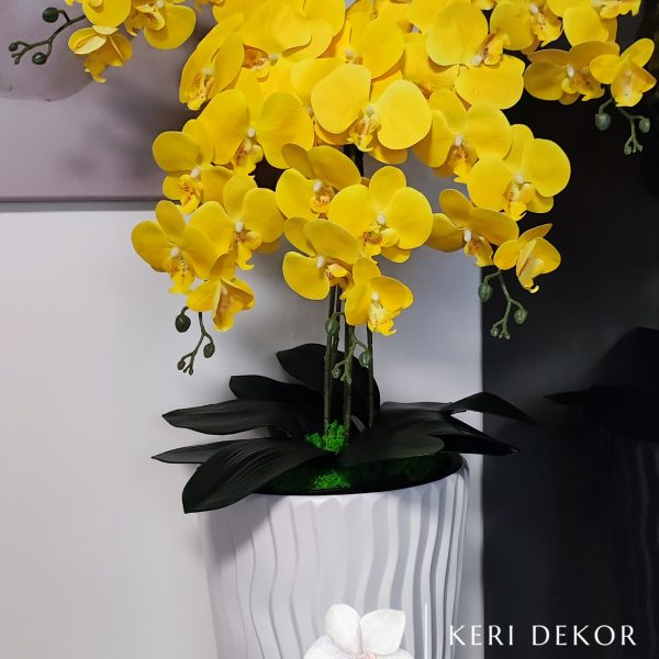 Fehér hullámos kaspó 5 ágú citromsárga orchideával  kb 110cm