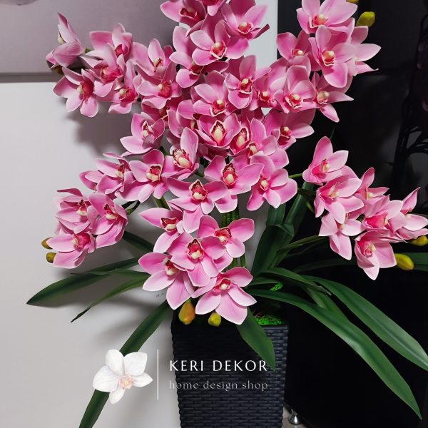 Antracit padlóvázás rózsaszín cymbidium 6ágú  real touch orchidea  (egyedi rendelésre)