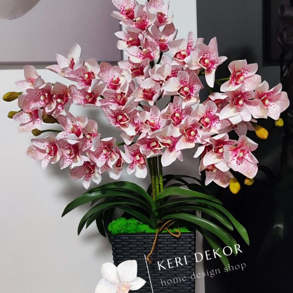 Antracit padlóvázás fehér rózsaszín cymbidium 5ágú  real touch orchidea  kb 90-100cm