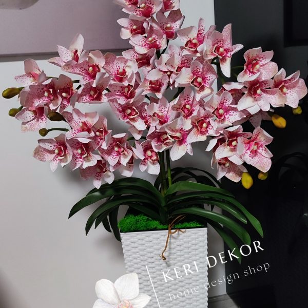 Fehér padlóvázás fehér rózsaszín cymbidium 5ágú  real touch orchidea  kb 90-100 cm