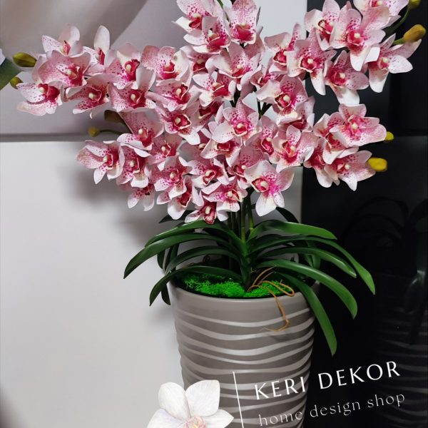 Barna vízhullámos padlóváza Cymbidium 5ágú fehér rózsaszín orchideával kb 110-120cm