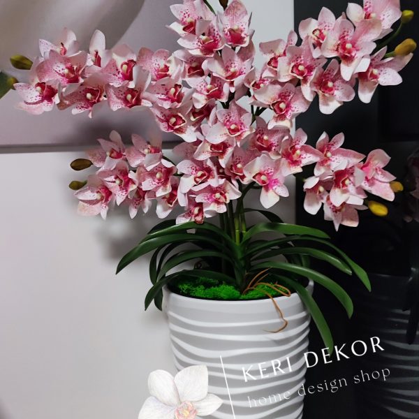 Fehér vízhullámos padlóváza Cymbidium 5ágú fehér rózsaszín orchideával kb 110-120cm