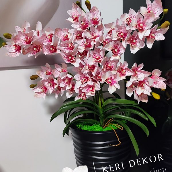 Antracit vízhullámos padlóváza Cymbidium 5ágú fehér rózsaszín orchideával kb 110-120cm