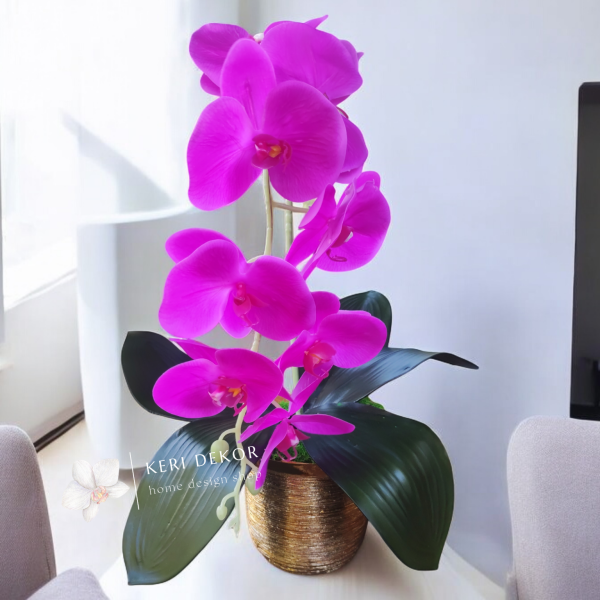 Arany kaspó 1ágú pink orchideával ( egyedi rendelésre készül, az orchidea színe választható)