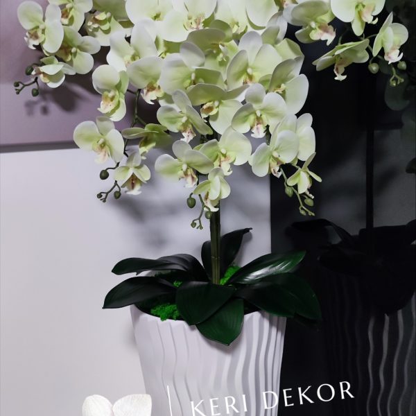 Fehér hullámos kaspó halványsárga 5 ágú orchidea kb 110 cm